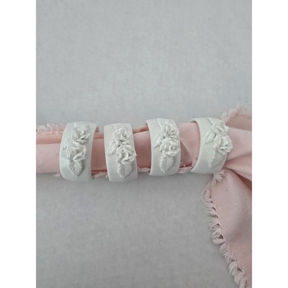 Vintage White Bone China NAPKIN RINGS With Delicate Rose Design, Set of 4